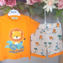 Load image into Gallery viewer, Orange and grey jungle themed shorts and t-shirt set that screams summer