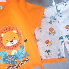 Load image into Gallery viewer, Adorable shorts and t-shirt set in orange and grey with a cute lion and palm tree print that is the perfect little set for sunny beach days, holidays abroad or fun days out at the park