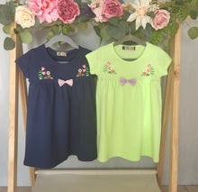 Load image into Gallery viewer, Floral embroidered summer dress in two colourways, navy or lime that are easy and comfy to wear