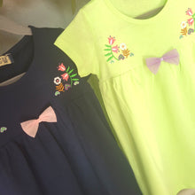 Load image into Gallery viewer, Girls aline summer dress with embroidered floral detail and cute organza bow