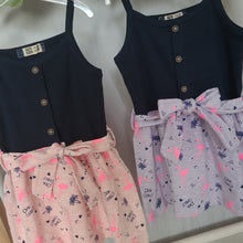 Load image into Gallery viewer, Girls summer dress in flamingo and palm tree print with a ribbed strappy top half with fine details such as buttons and cute tie waist