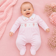 Load image into Gallery viewer, Baby Pink Smocked Teddy Cotton Sleepsuit