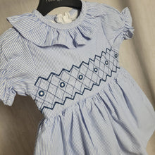 Load image into Gallery viewer, Baby Girls Blue Striped Smock Dress