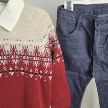 Load image into Gallery viewer, Boys Red Knitted Jumper, Shirt & Navy Jeans Set