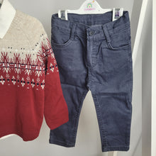 Load image into Gallery viewer, Boys Red Knitted Jumper, Shirt & Navy Jeans Set