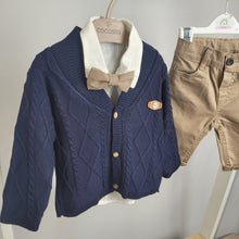 Load image into Gallery viewer, Baby Boys Three Piece Cable Knit Cardigan, Shirt & Chinos Set with Bow Tie