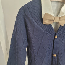 Load image into Gallery viewer, Baby Boys Three Piece Cable Knit Cardigan, Shirt & Chinos Set with Bow Tie