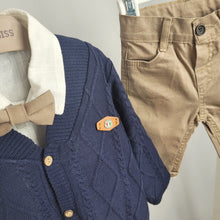 Load image into Gallery viewer, Baby Boys Three Piece Cable Knit Cardigan, Shirt & Chinos Set with Bow Tie