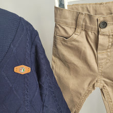 Load image into Gallery viewer, Baby Boys Three Piece Cable Knit Cardigan, Shirt & Chinos Set with Bow Tie