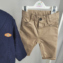 Load image into Gallery viewer, Baby Boys Three Piece Cable Knit Cardigan, Shirt & Chinos Set with Bow Tie