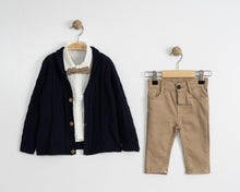 Load image into Gallery viewer, Baby Boys Three Piece Cable Knit Cardigan, Shirt & Chinos Set with Bow Tie
