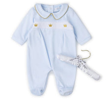 Load image into Gallery viewer, Bonjour bebe traditional baby romper in a soft velour material with smocking detail featuring gold crowns and gold piping to the adorable peter pan collar