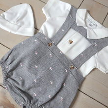 Load image into Gallery viewer, Baby Boys Grey T-Bar Dungaree Romper Set - Scotty Dog