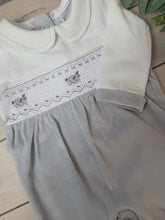 Load image into Gallery viewer, Grey and white velour sheep babygrow