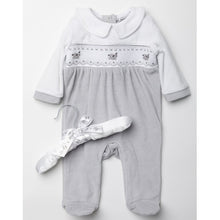 Load image into Gallery viewer, Grey and white velour sheep babygrow