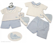 Load image into Gallery viewer, Baby Boys Shorts and T-Shirt Set with Hat - Gingham/Dino