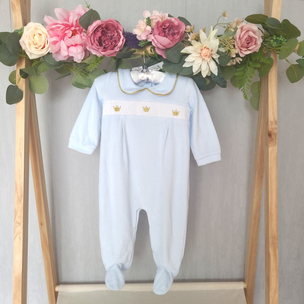 Baby boys pale blue and gold traditional Spanish style babygrow with its adorable smocked detail and peter pan collar