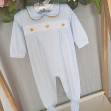Load image into Gallery viewer, Traditional baby boys onesie in a pale blue velour material that is soft and cosy against babys skin
