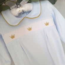 Load image into Gallery viewer, Pale blue velour sleepsuit with gold crown and piping detail to the peter pan collar that certainly screams Spanish style baby
