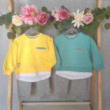 Load image into Gallery viewer, Bright and colourful boys jogger set in yellow or green with a layered look to the top and cosy grey joggers to match.
