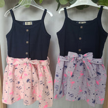Load image into Gallery viewer, Girls flamingo summer dress in two colourways, pink or lilac that are great for holidays abroad for the beach during the day or the kids disco at nightime.
