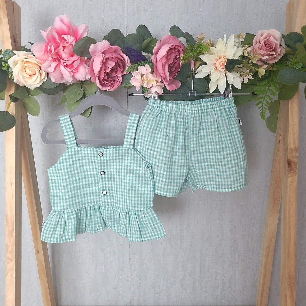 Girls Green Gingham Shorts Set