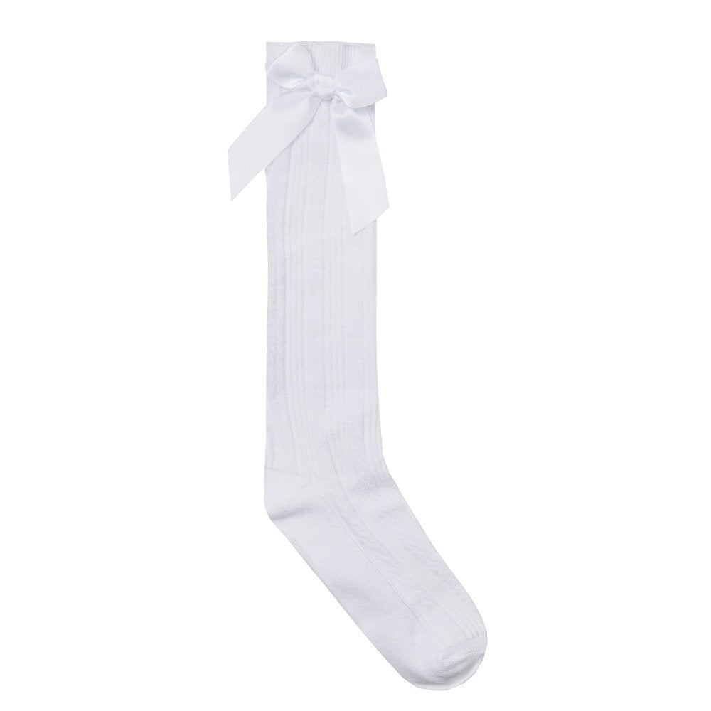 Cable Knee High Socks With Bow- White