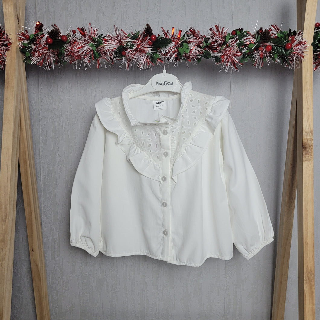 Girls White Ruffle Neck Shirt