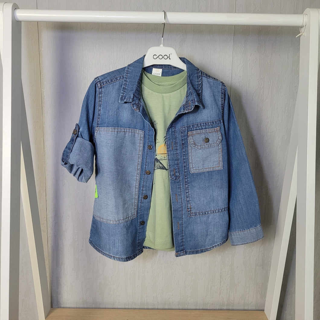 Boy Denim Shirt and Khaki T-Shirt Set
