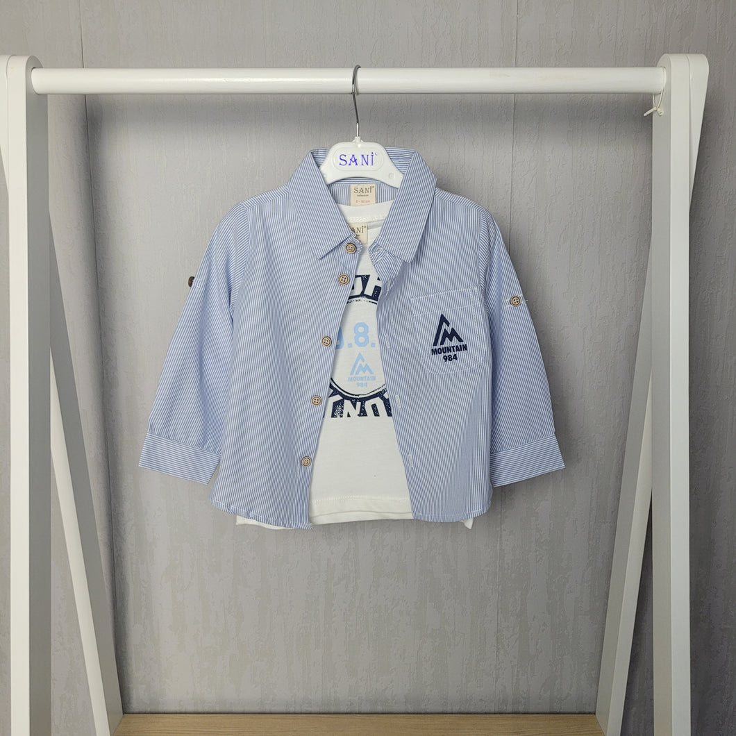 Boys Blue Striped Shirt and T-Shirt Set