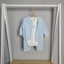 Load image into Gallery viewer, Baby blue 3 piece jogger set for baby boy includes pale blue cuffed joggers with white polka dot design, a white vest with cloud to front and matching pale blue popper button jacket with matching cloud motif. Super soft and comfy to wear

