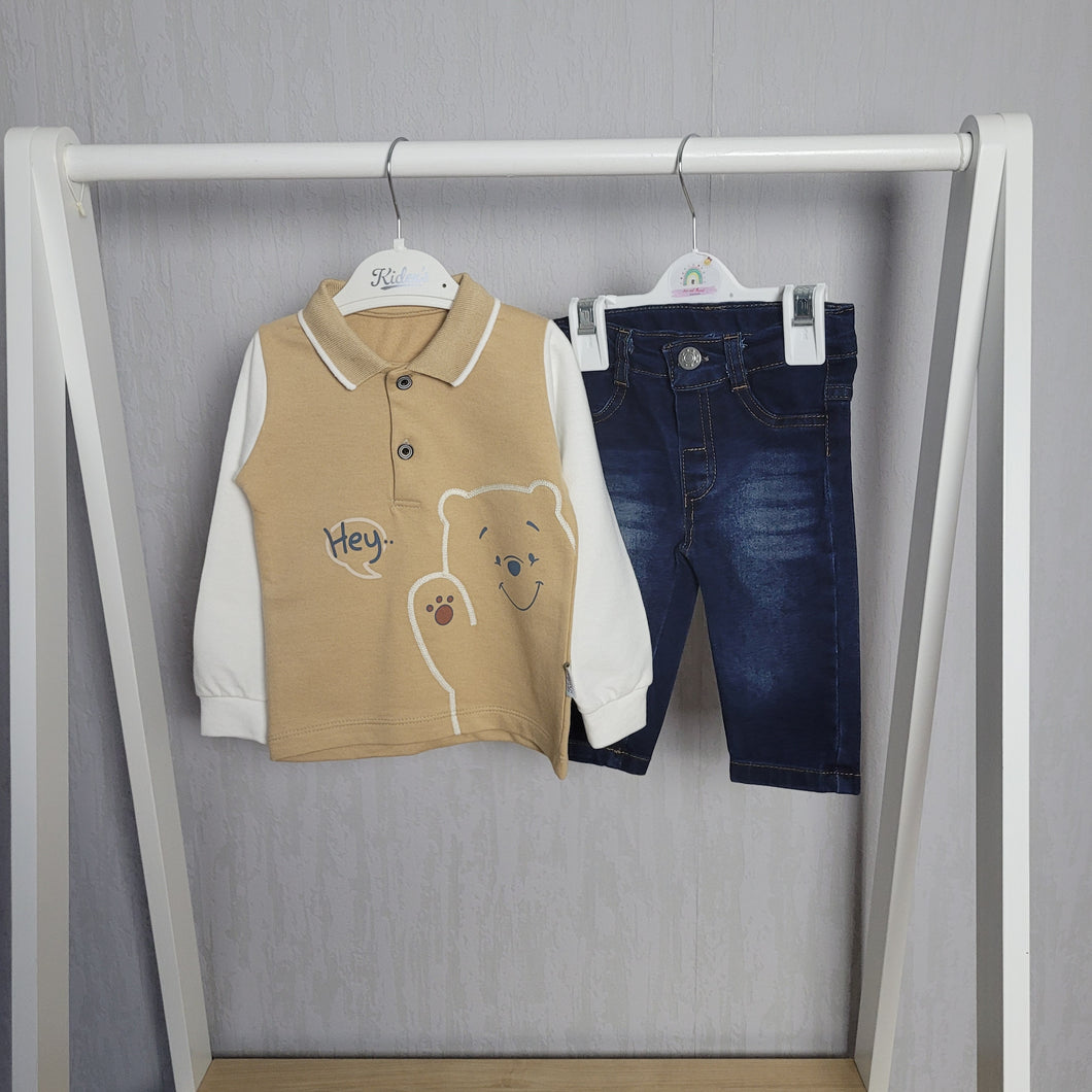 Baby Boys Neutral Bear Polo Shirt and Jeans Set
