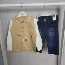 Load image into Gallery viewer, Beige and cream long sleeved polo shirt with adorable bear design to front paired with dark denim skinny jeans that have an adjustable waist for extra comfort. A gorgeous smart casual outfit for any little boy
