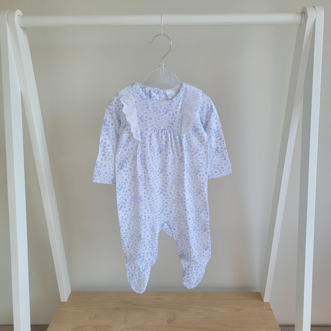 Baby Girls Blue Ditsy Floral Frill Romper