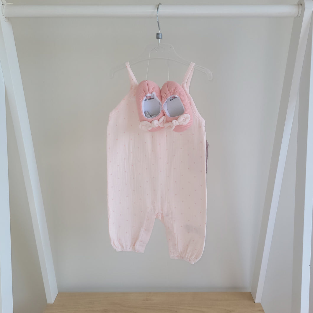 Baby Girls Muslin Pink Polka Dot Romper With Shoes