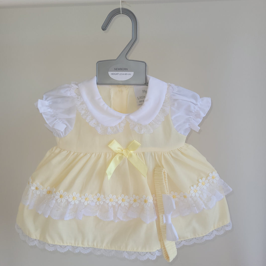 Baby Lemon Dress with Lace and Bows - Daisies