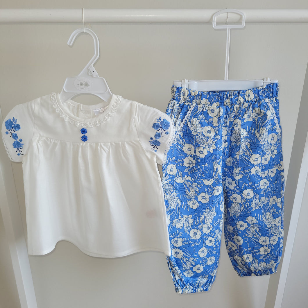 Baby Girls Blue Floral 2 Piece Tunic & Trouser Outfit