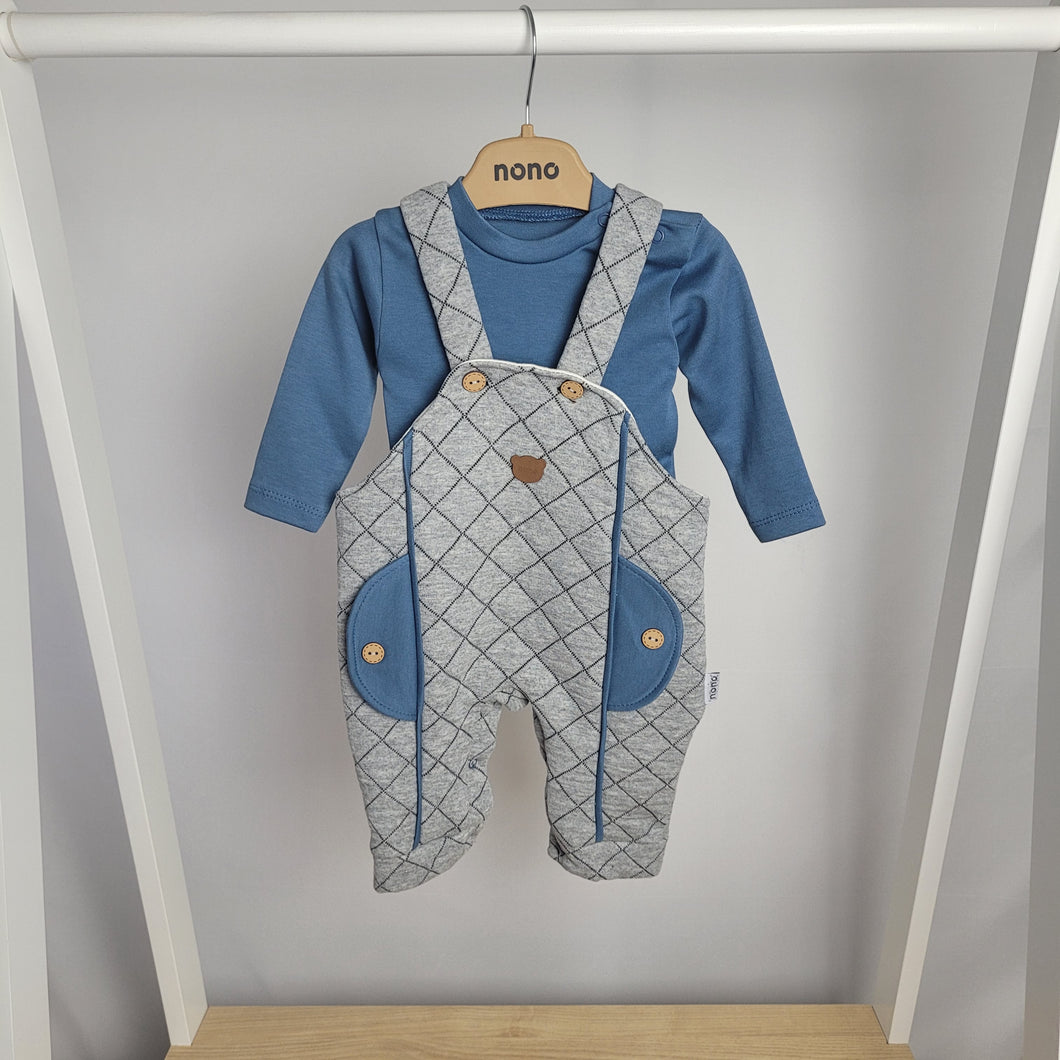 Baby Boys Petrol Blue and Grey Dungarees Set