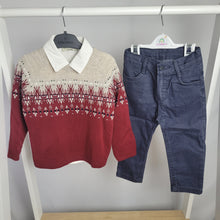 Load image into Gallery viewer, Boys Red Knitted Jumper, Shirt &amp; Navy Jeans Set
