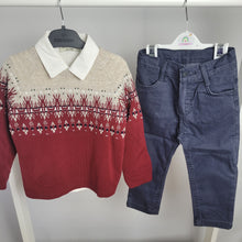 Load image into Gallery viewer, Boys Red Knitted Jumper, Shirt &amp; Navy Jeans Set

