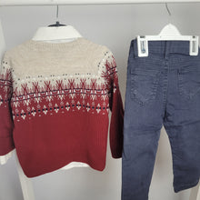 Load image into Gallery viewer, Boys Red Knitted Jumper, Shirt &amp; Navy Jeans Set
