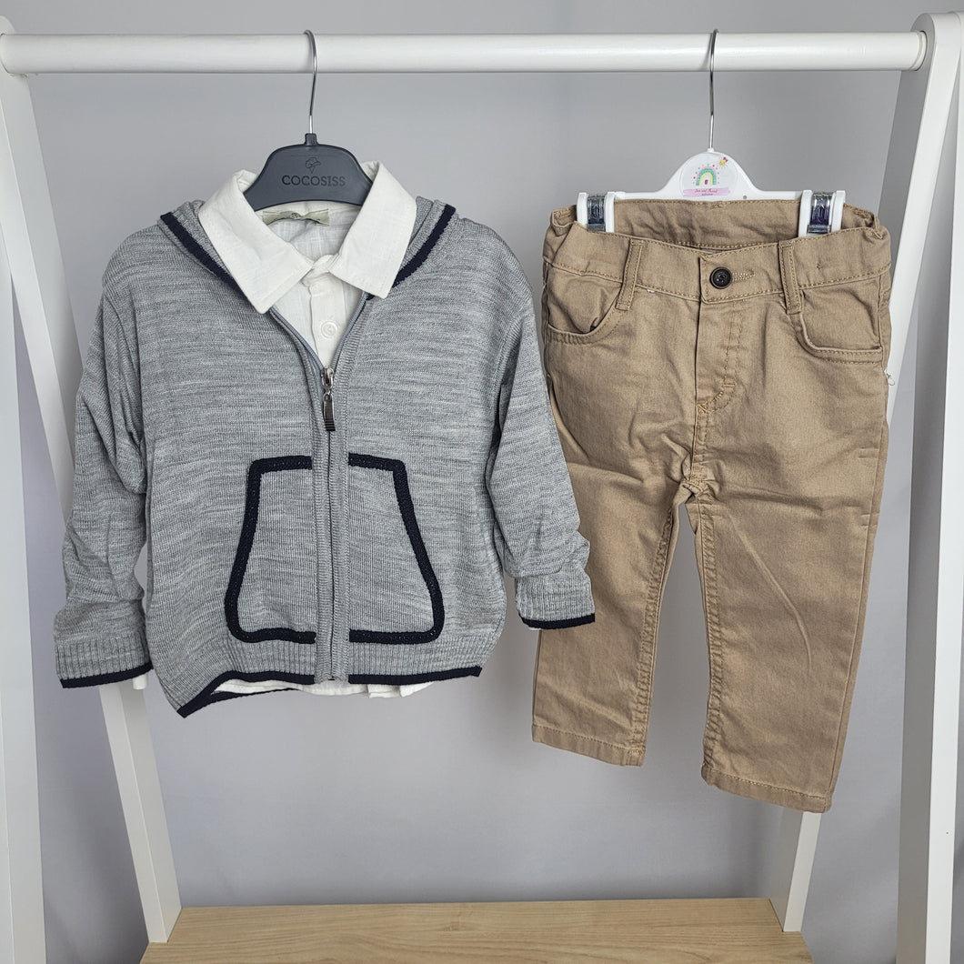 Boys Grey Knitted Zip Cardigan, Shirt & Chinos Set