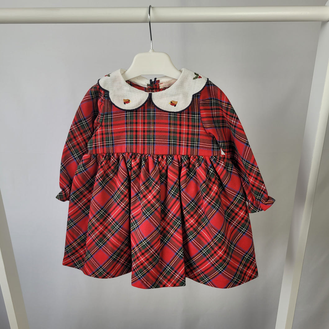 Red Tartan Dress with  Embroidered Collar Detailing