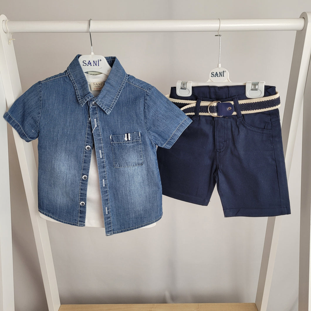 Boys Denim Shirt, T-shirt and Short Set