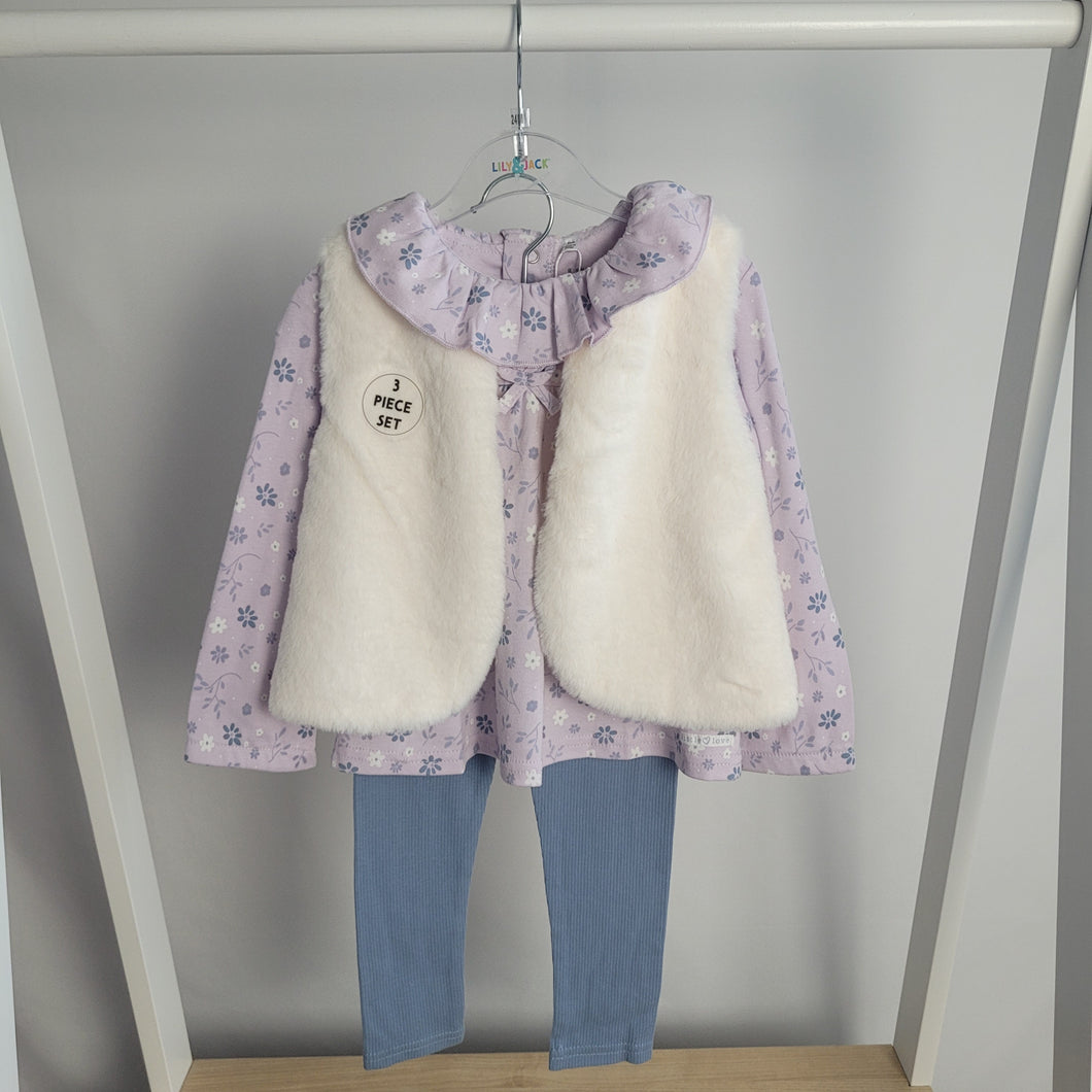 Baby Girls Pink Faux Fur Gilet, Lilac Top & Legging Set