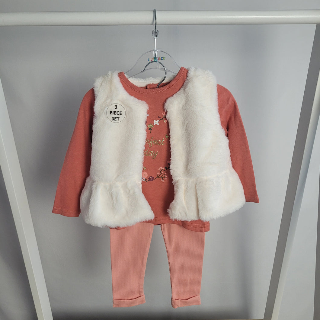 Baby Girls Faux Fur Gilet, Coral Top & Legging Set