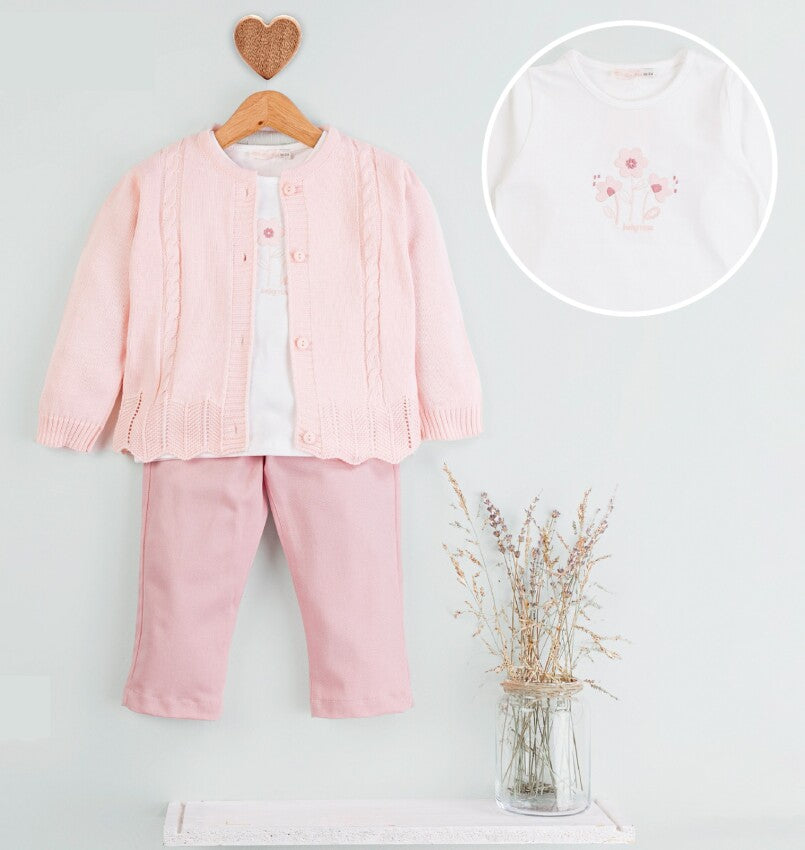 Girl's Pink Cardigan, Top and Pants Set