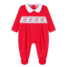 Load image into Gallery viewer, Red Velour Smocked Rocking Horse Sleepsuit
