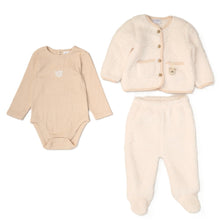 Load image into Gallery viewer, Baby Unisex Borg Jacket, Trouser &amp; Ribbed Bodysuit Outfit
