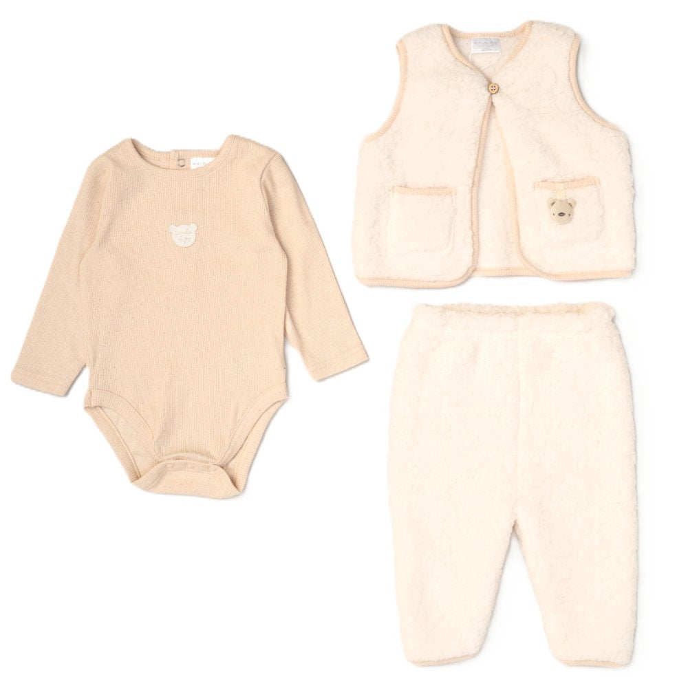 Baby Unisex Borg Gilet, Trouser & Ribbed Bodysuit Outfit